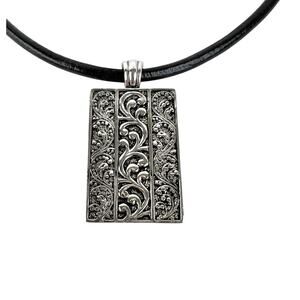 Antiqued Silver Tone Embossed Pendant Black Cord Choker Necklace Magnet Closure